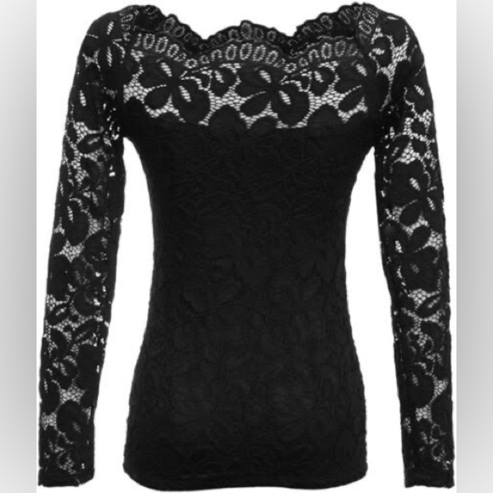 SOLD Maggie Tang Sheer black lace off the shoulder top
